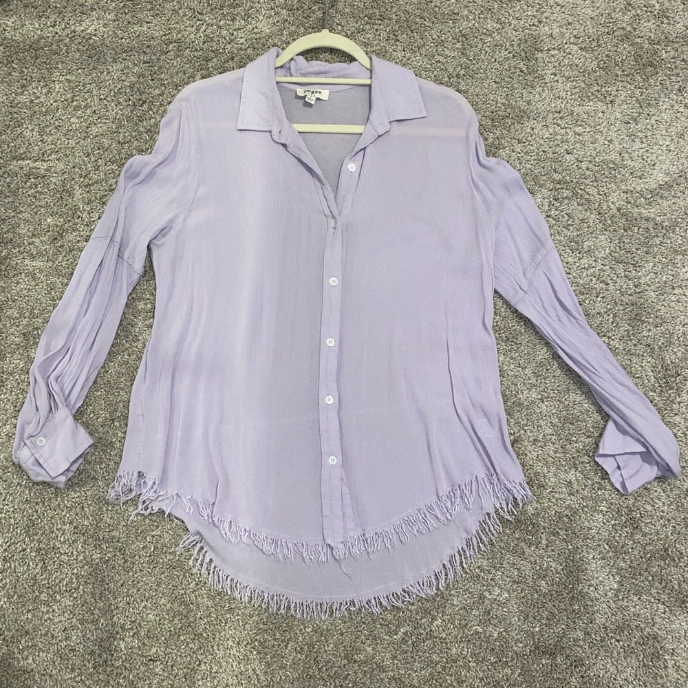 Purple frayed button down, small